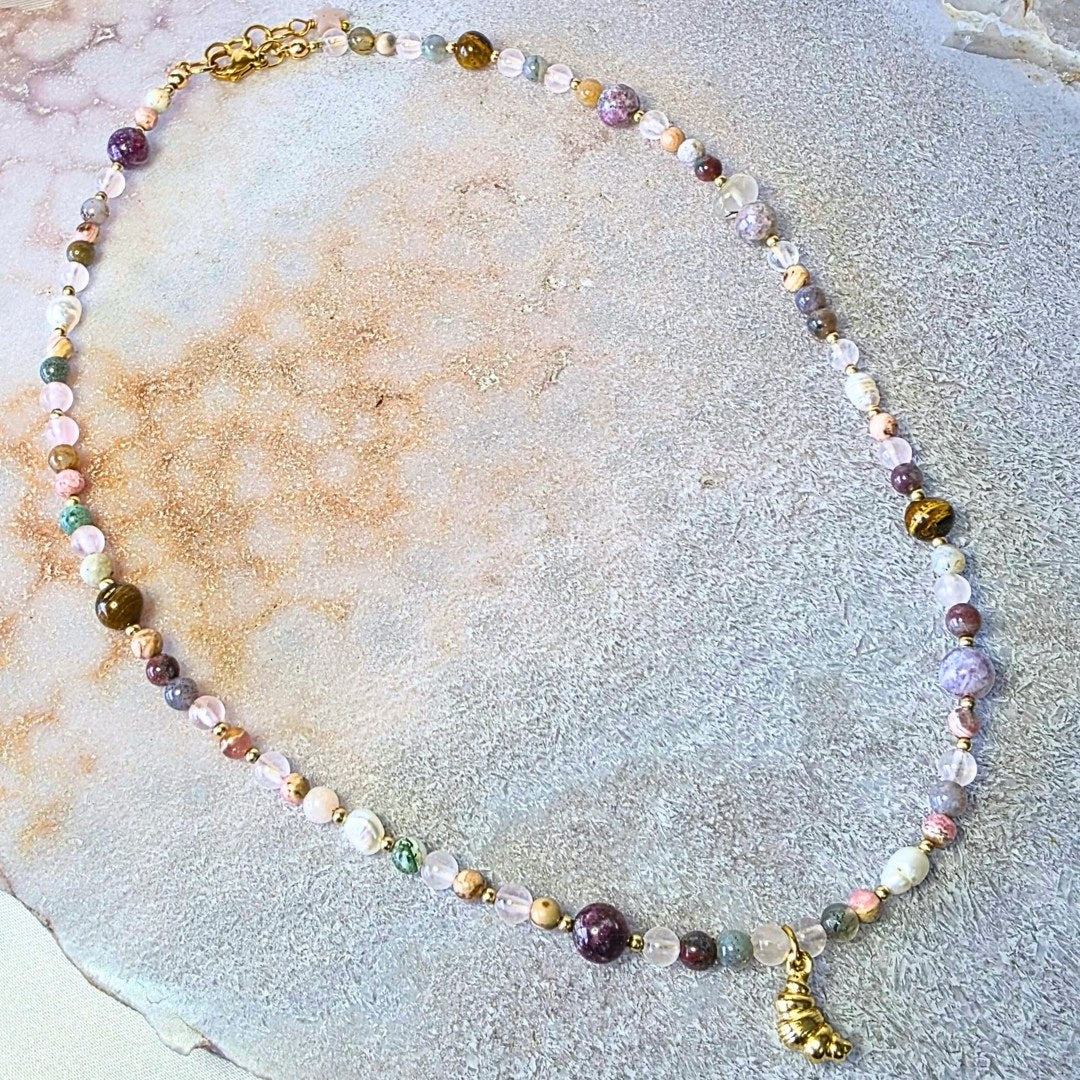 Croissant Lumière Necklace ☁️🥐✨ | Rhodochrosite, Tourmaline, Tiger’s Eye & Rose Quartz Crystal Jewellery