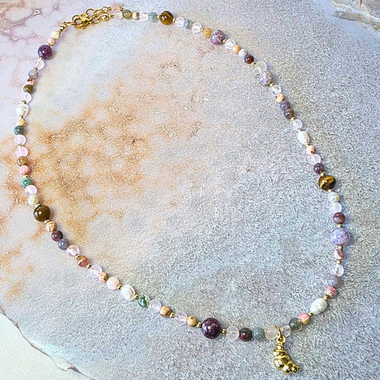 Croissant Lumière Necklace ☁️🥐✨ | Rhodochrosite, Tourmaline, Tiger’s Eye & Rose Quartz Crystal Jewellery