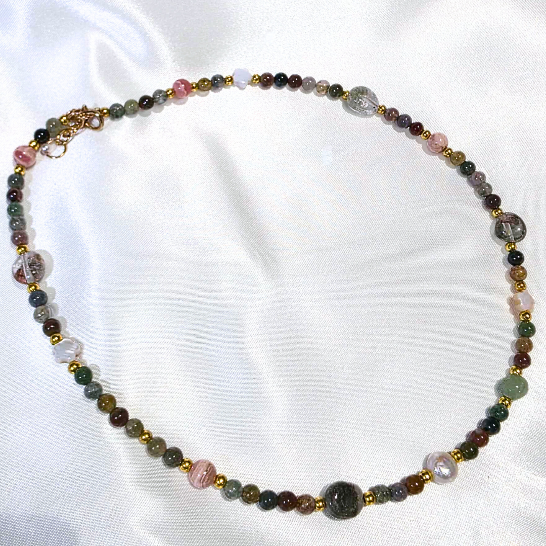 Celestial Garden Crystals ~ Rhodochrosite, Garden Quartz & Ocean Jasper Necklace