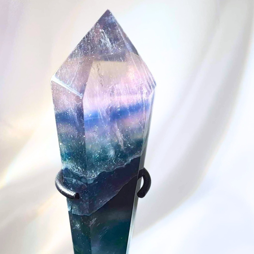 High Grade Blue & Green Fluorite Wand with Rainbows - metal stand included