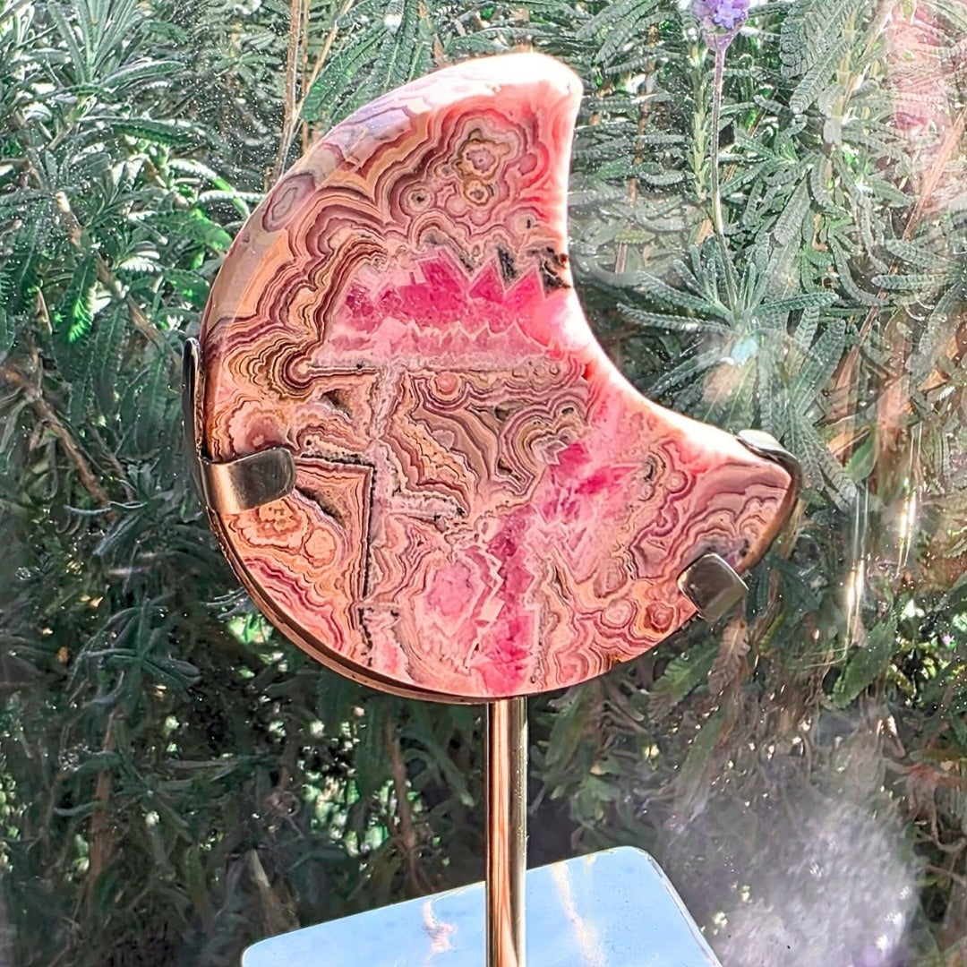 Gemmy Rare Rhodochrosite Moon on Custom Metal Stand - 12.5cm