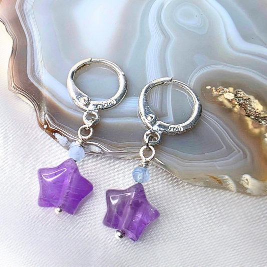 Ameline Huggie Earrings | Amethyst & Aquamarine (Sterling Silver)☁️✨
