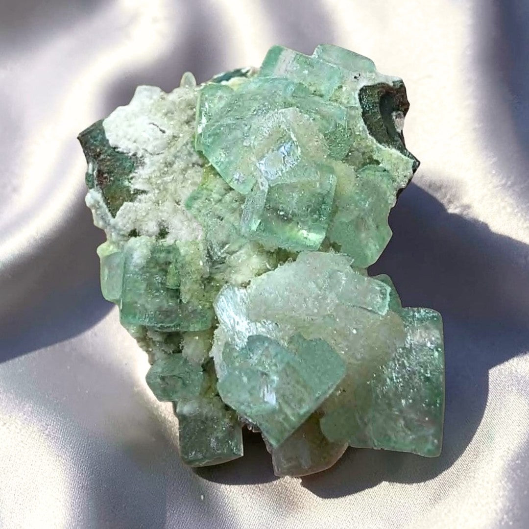 High Grade Glassy Green Apophyllite on Druzy Stilbite Cluster - 100g