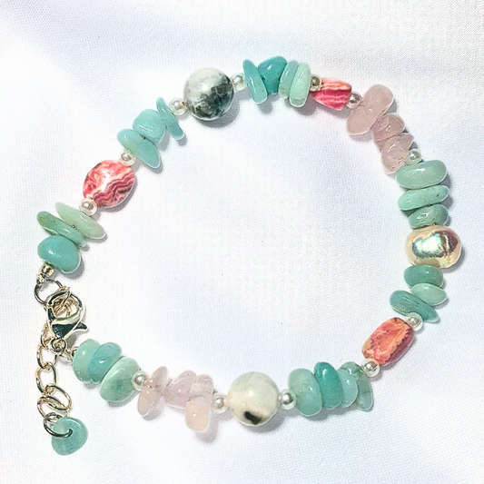 Customised Length Amazonite, Moonstone, Rhodochrosite, Rose Quartz & Pearl Crystal Bracelet