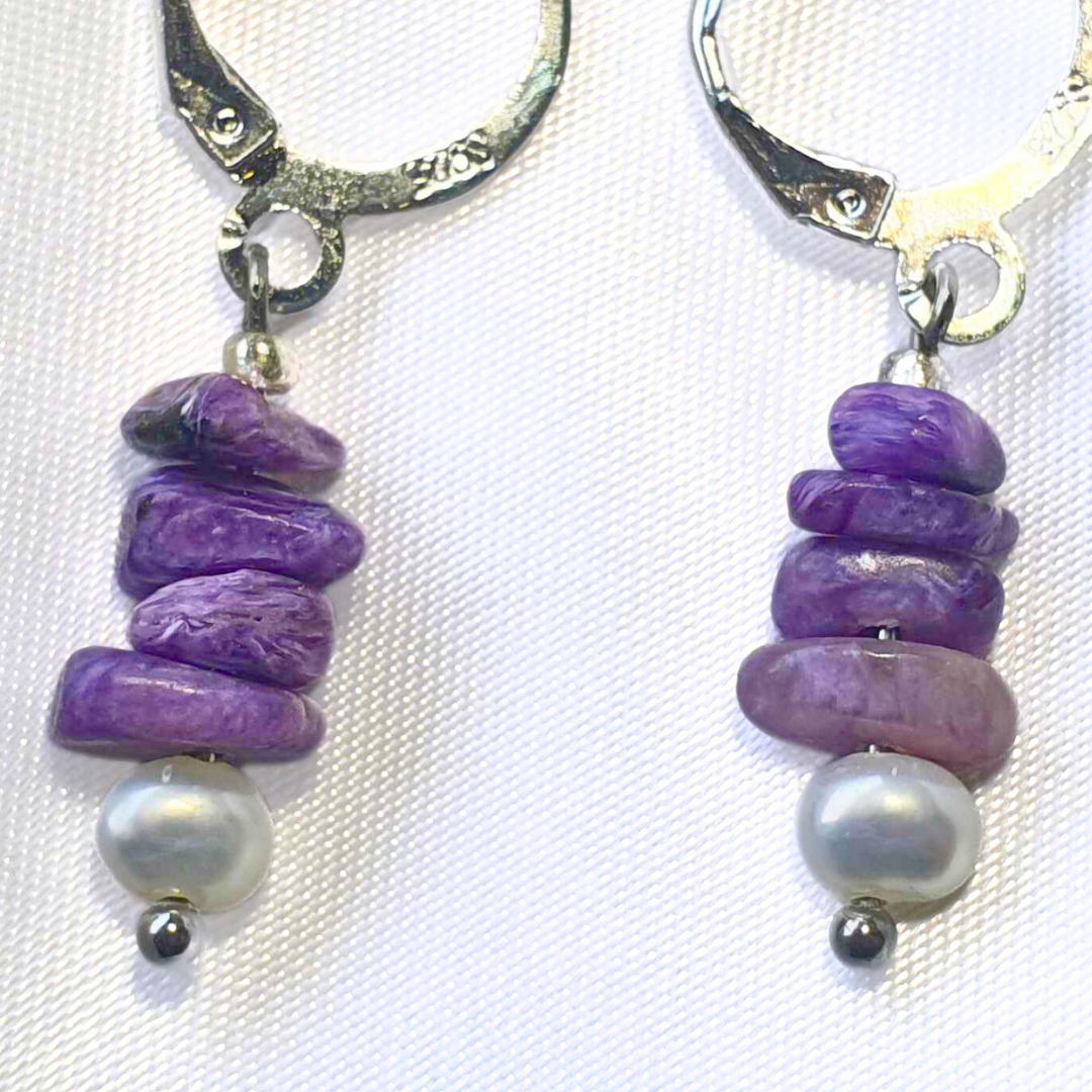 Sterling Silver Charoite & Freshwater Pearl Earrings