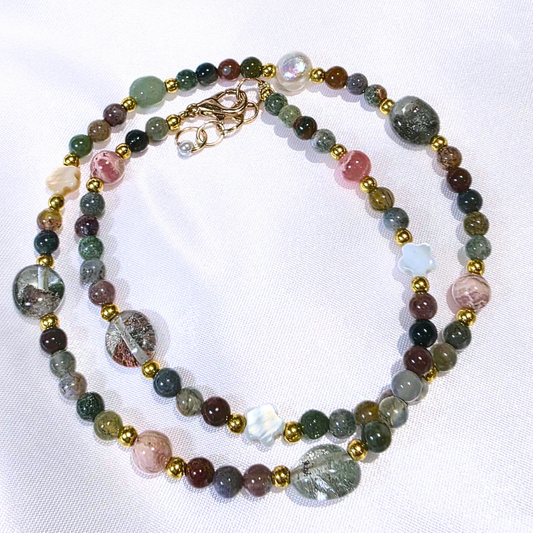 Celestial Garden Crystals ~ Rhodochrosite, Garden Quartz & Ocean Jasper Necklace