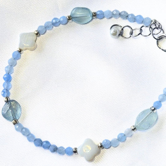 Natural Faceted Aquamarine Crystal & Shell Bracelet