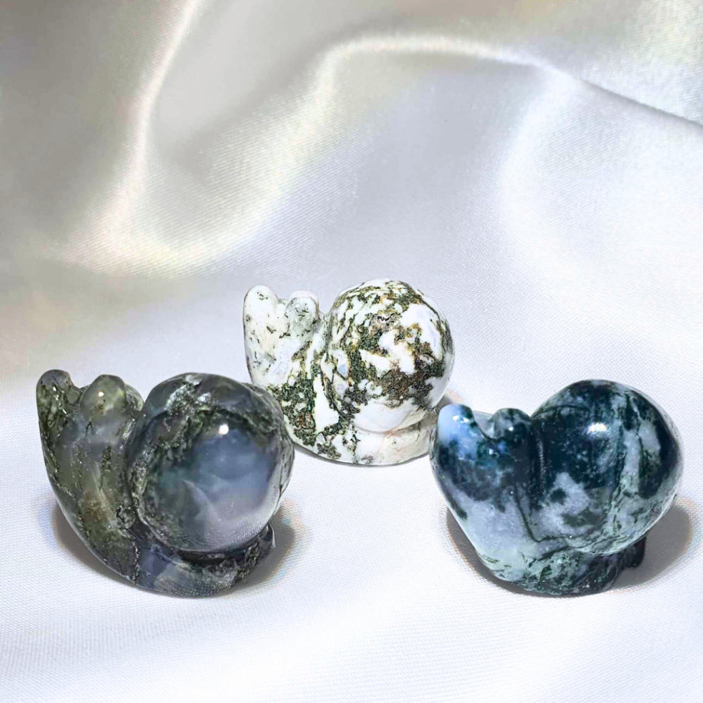 Moss Agate Snail Carvings