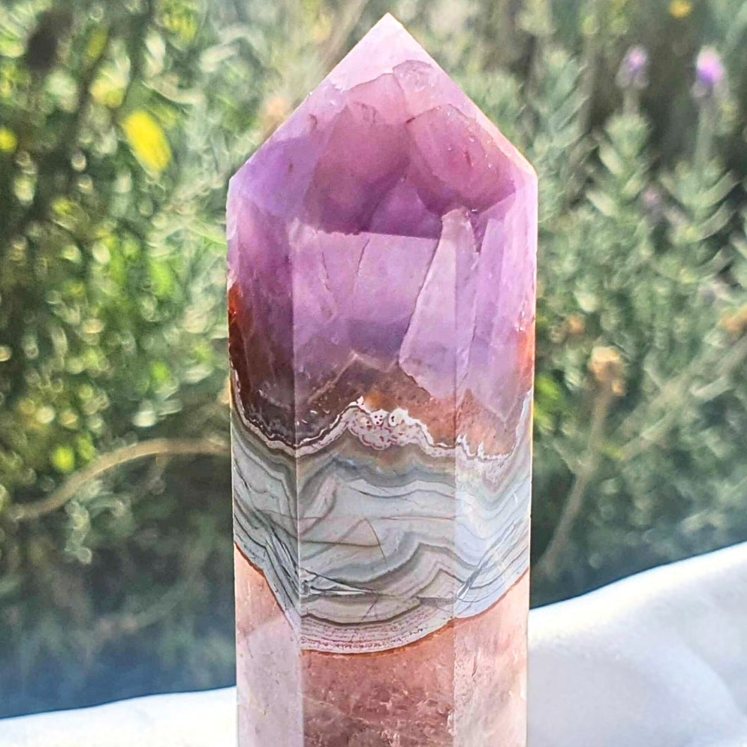 Amethyst x Crazy Lace Agate Tower Point with Rainbows