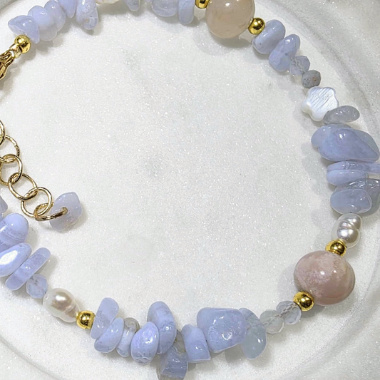 Flower Agate, Blue Lace Agate & Freshwater Pearl Bracelet