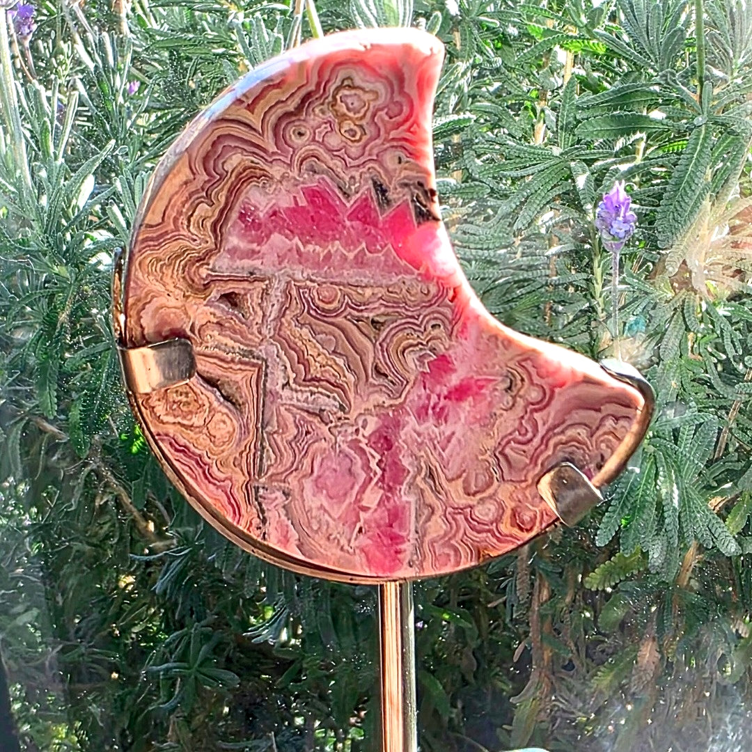 Gemmy Rare Rhodochrosite Moon on Custom Metal Stand - 12.5cm