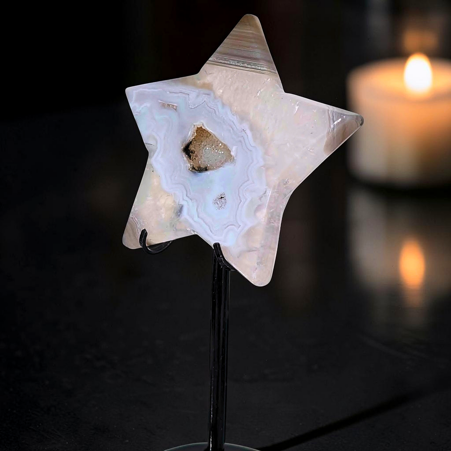 High Grade Agate Star on Custom Stand with Druzy Quartz Centre