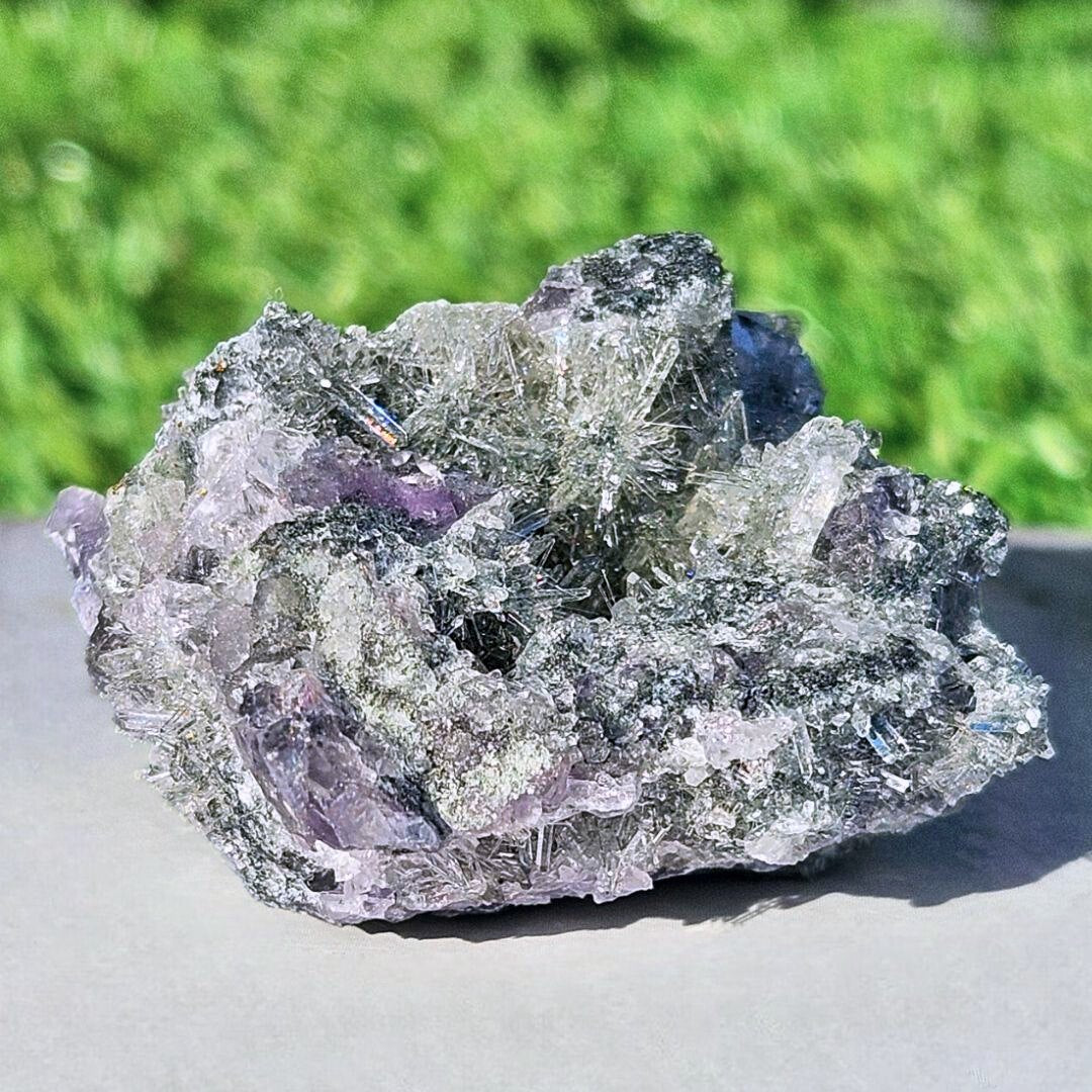 Purple-Blue Fluorite on Druzy Needle Quartz