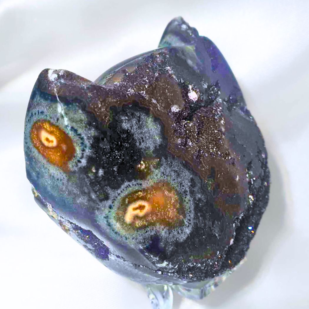 Rainbow Amethyst Cat Carving with Rare Stalactites