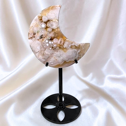 Flower Agate Moon Carving on Metal Stand - 20cm tall