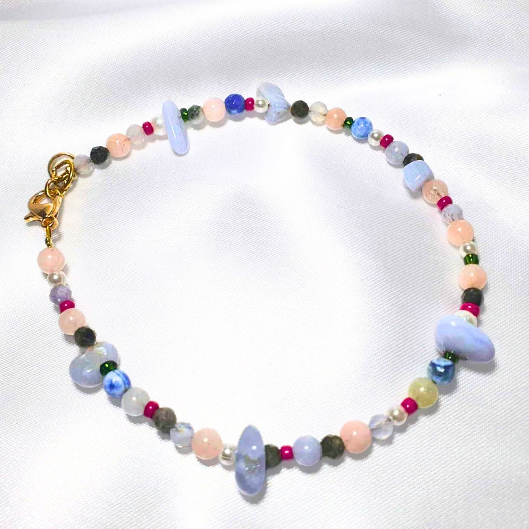 Blue Lace Agate, Sodalite, Morganite & Tourmaline Crystal Bead Bracelet