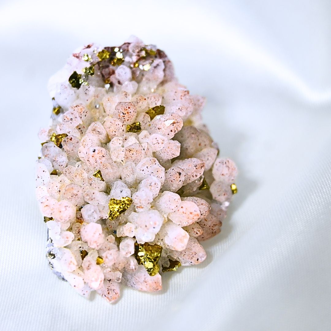 Golden Pyrite on Pink Chalcedony Cluster - Morocco