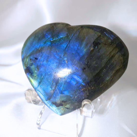 Labradorite Heart Carving with High Blue Flash - includes stand