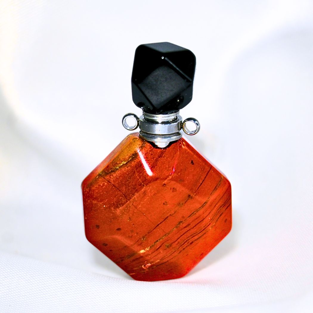 Red Jasper & Obsidian Refillable Trinket Bottle with Stainless Steel Chain