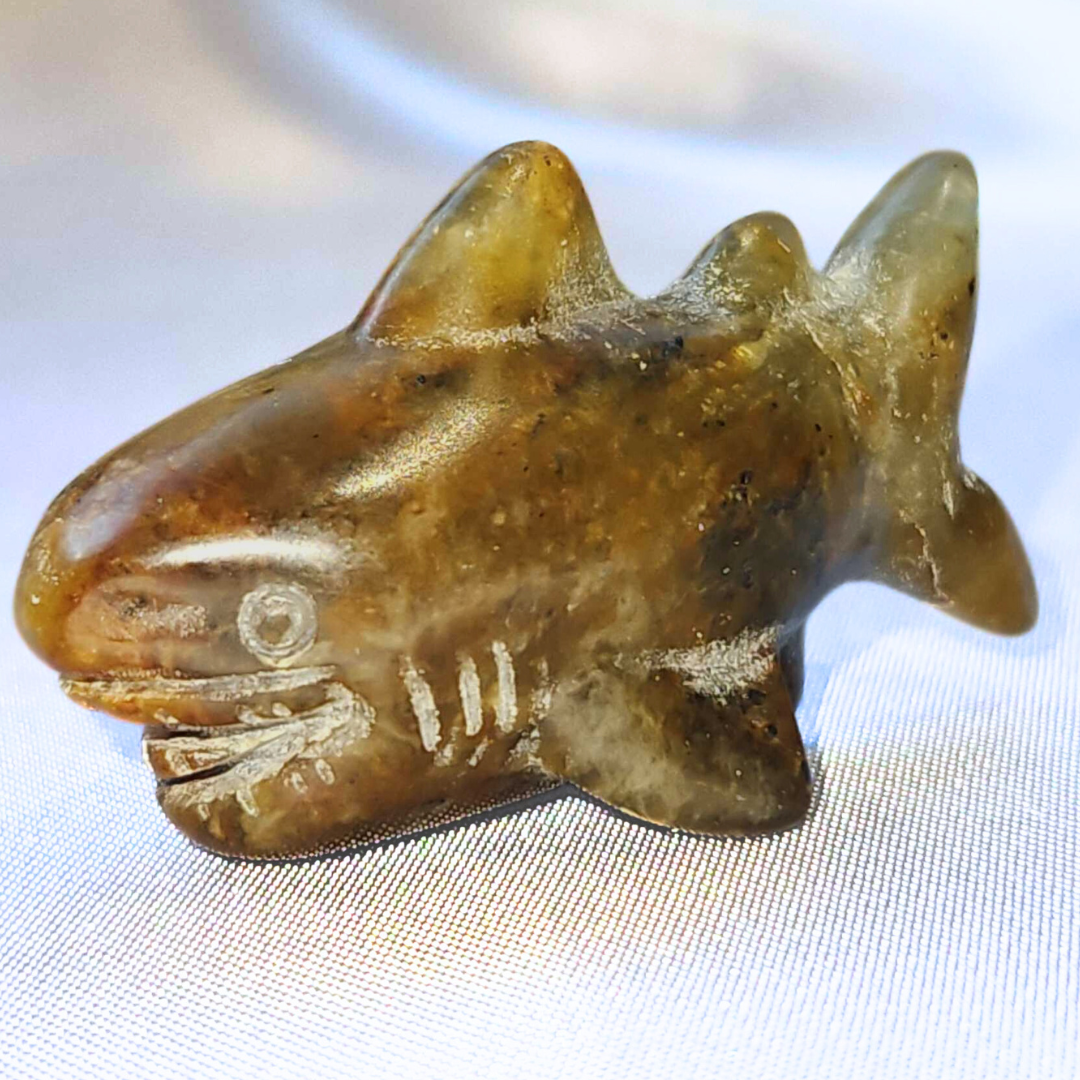 Ocean Jasper Shark Carving with Actual Teeth