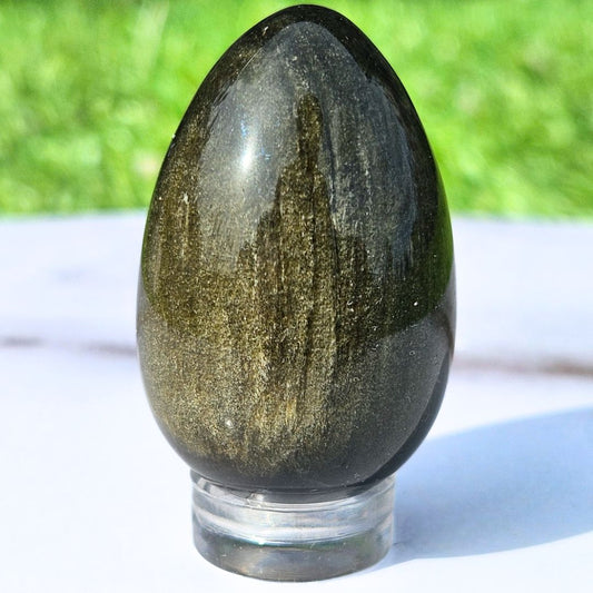 Gold Sheen Obsidian Egg Carving - stand included