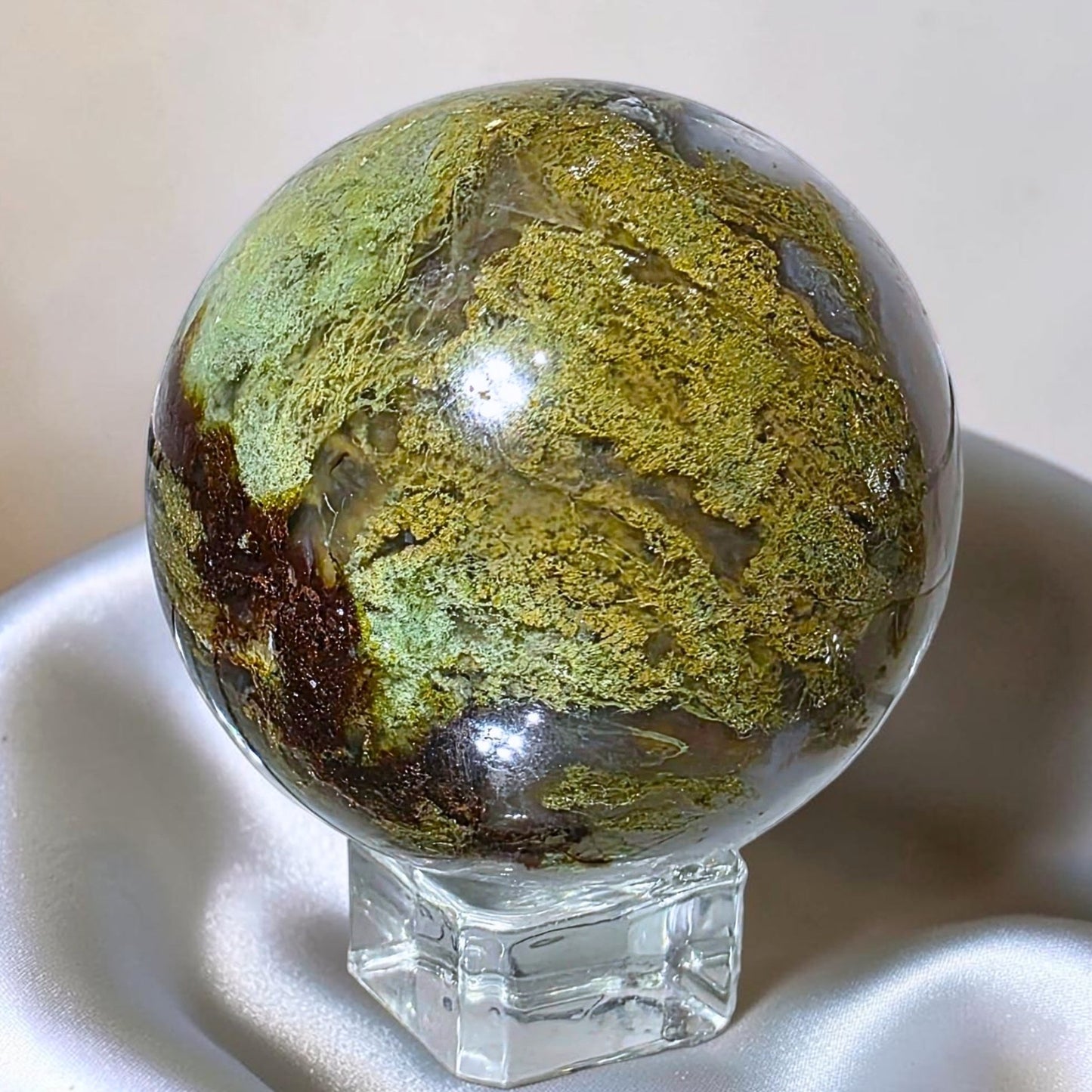 High Grade Moss Agate & Blue Chalcedony Sphere - 280g