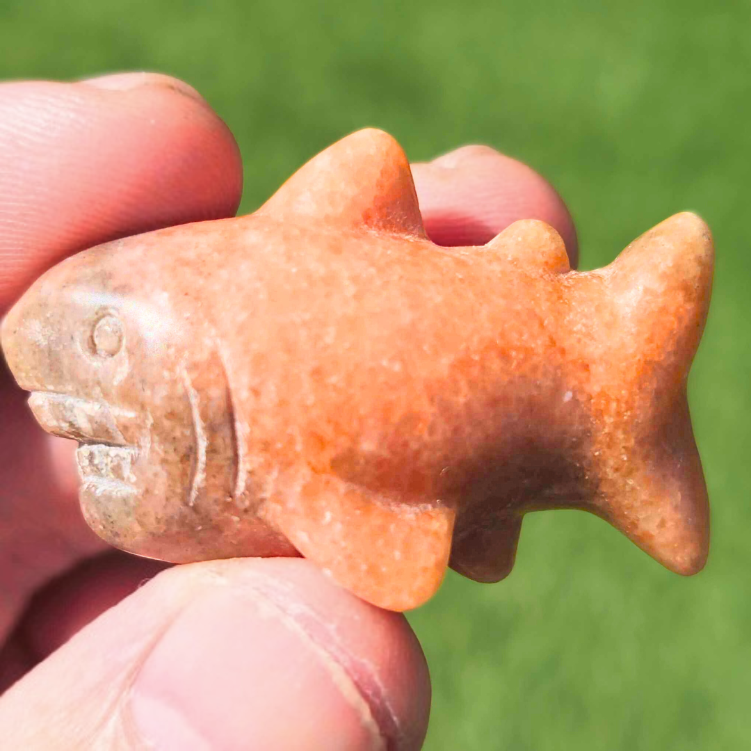 Sunstone & Smoky Quartz Shark Carving with Actual Teeth