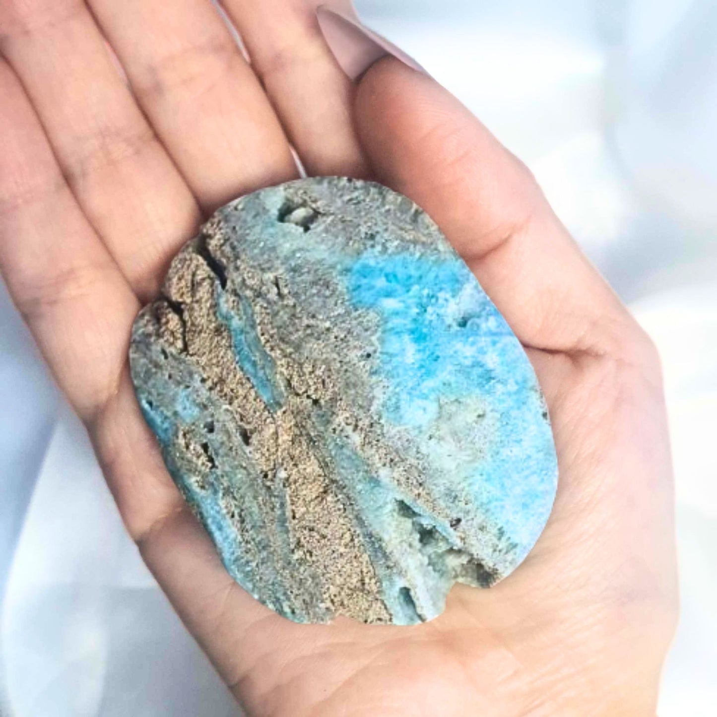 Blue Aragonite Palm Stone with Druzy Quartz Stalactite Mouth