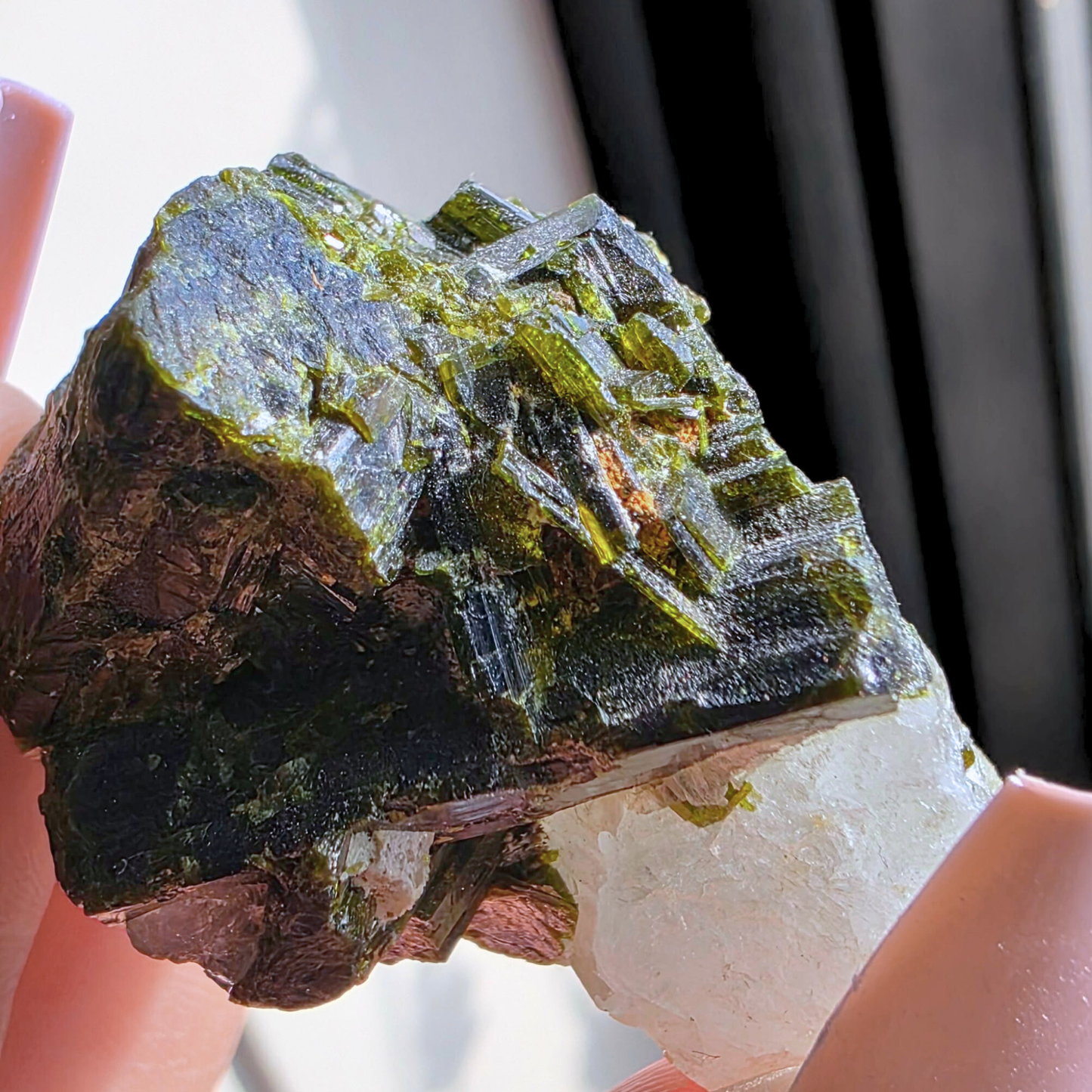 High Grade Green Epidote Crystal on Clear Quartz
