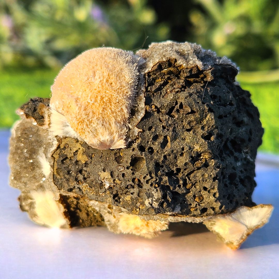 Thomsonite with Mesolite & Druzy Chalcedony