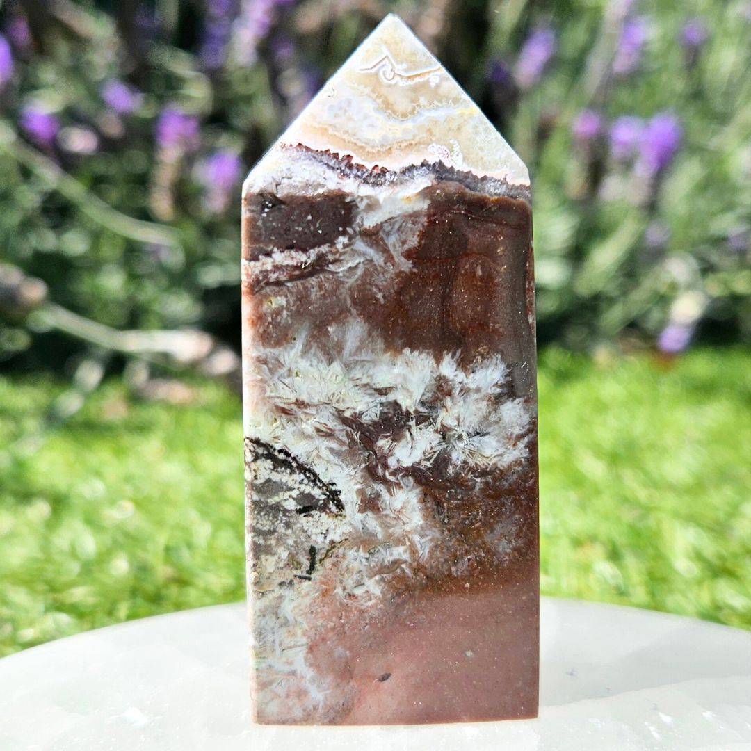 Crazy Lace Agate with Scolecite Tower Point
