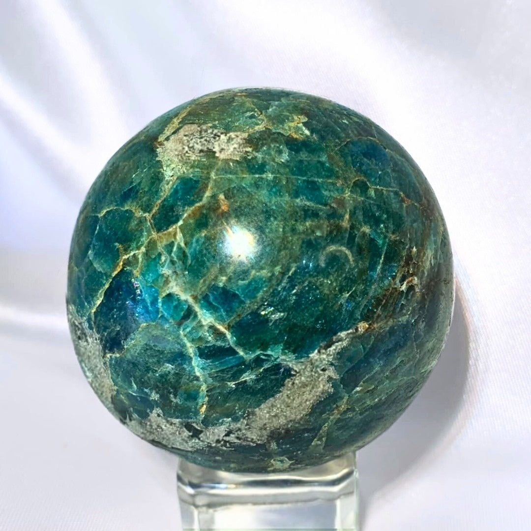 Green Apatite Sphere with Silver Sheen - stand included - 212g