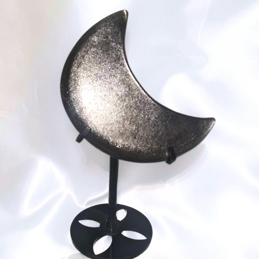 High Grade Silver Obsidian Moon with Metal Stand