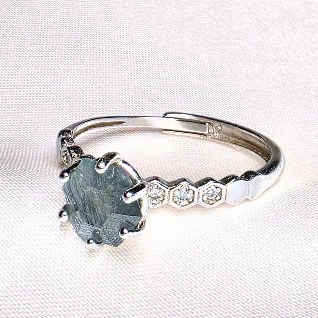 Moss Agate with Rutile 925 Sterling Silver Ring - Adjustable Size