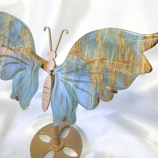 Aquatine Lemurian (Blue Onyx) Butterfly on Gold Metal Stand