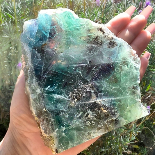 Large Feather Fluorite with Scolecite Crystal Slab - includes stand