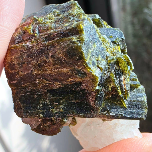 High Grade Green Epidote Crystal on Clear Quartz