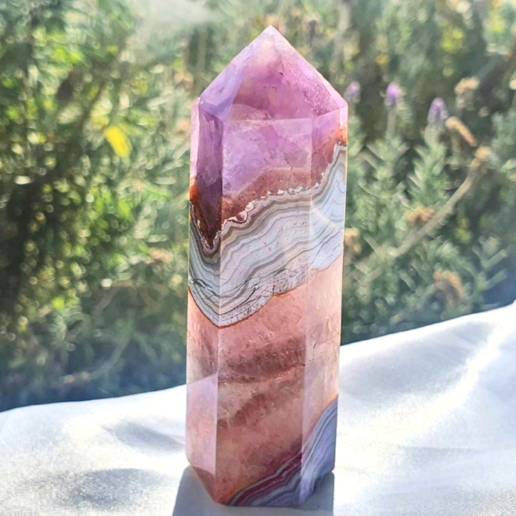 Amethyst x Crazy Lace Agate Tower Point with Rainbows