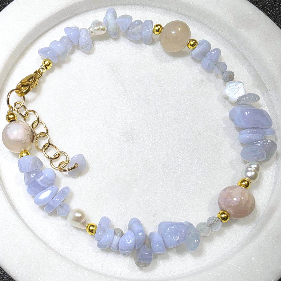 Flower Agate, Blue Lace Agate & Freshwater Pearl Bracelet