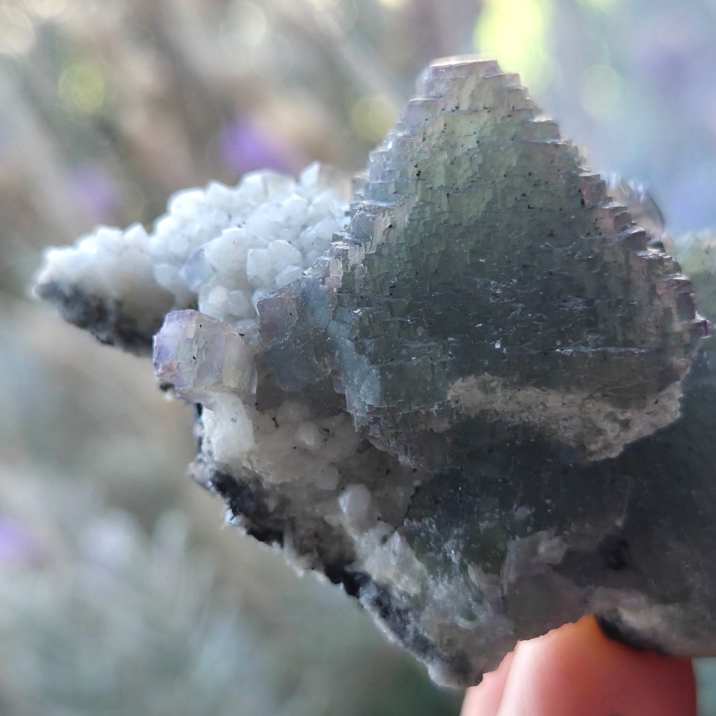 Stepped Purple Green Fluorite on Candle Quartz & Metallic Hematite Specimen