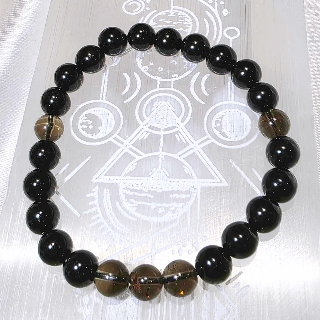 Black Obsidian & Smoky Quartz Crystal Bracelet - Unisex Size
