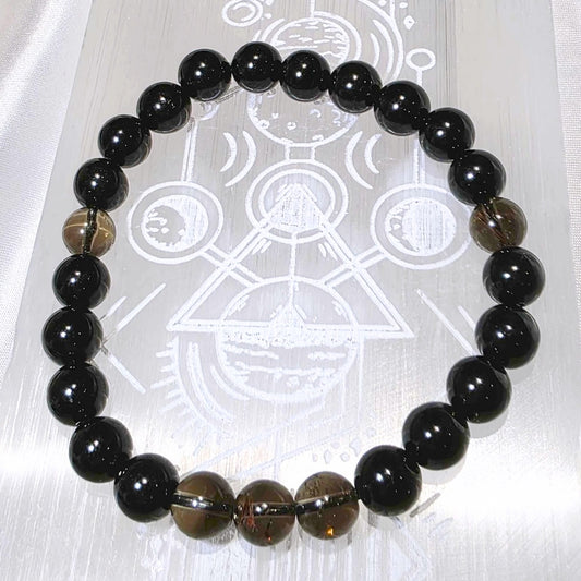 Black Obsidian & Smoky Quartz Crystal Bracelet - Unisex Size