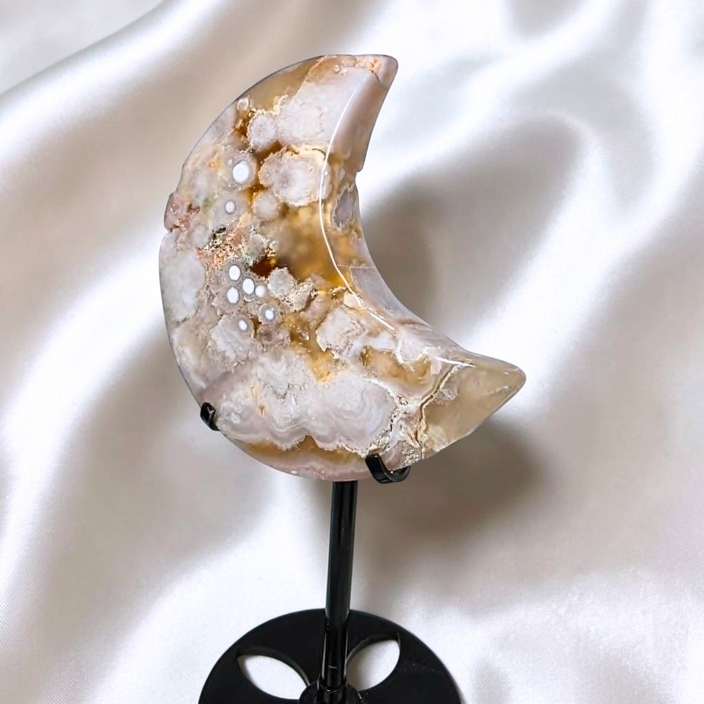 Flower Agate Moon Carving on Metal Stand - 20cm tall
