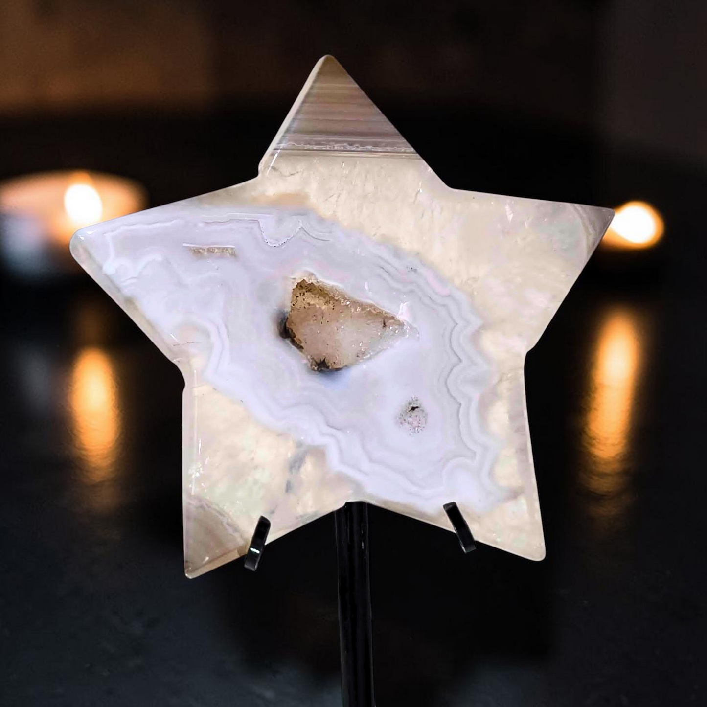 High Grade Agate Star on Custom Stand with Druzy Quartz Centre
