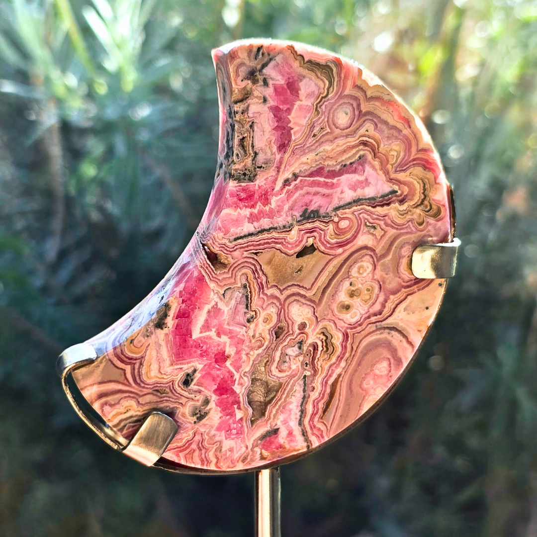Gemmy Rare Rhodochrosite Moon on Custom Metal Stand - 12.5cm