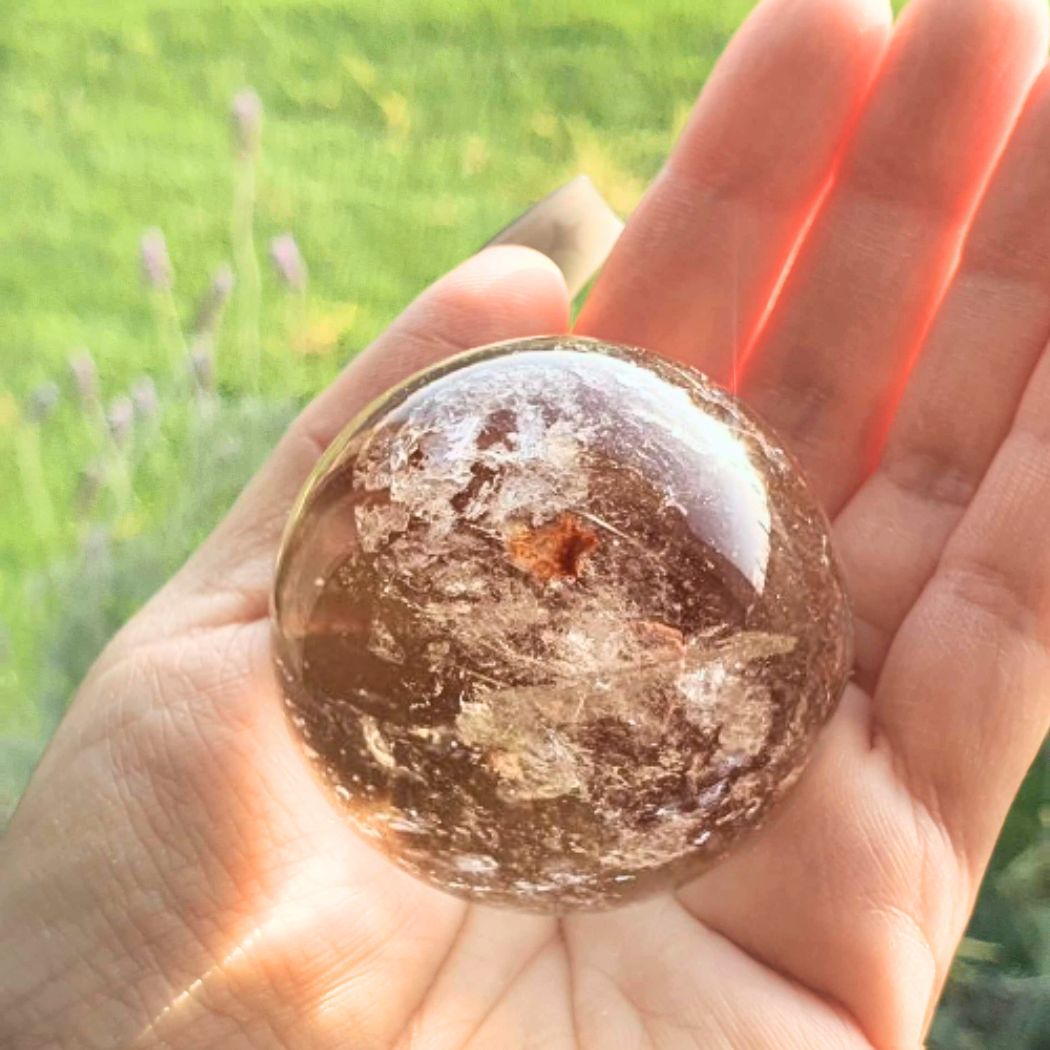 Extra Grade Smoky Quartz with red Hematite and Rainbows - Stand included