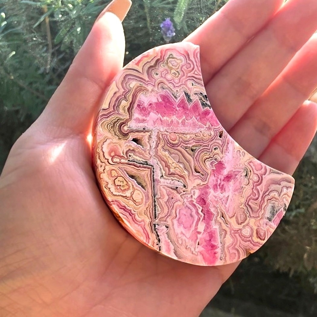 Gemmy Rare Rhodochrosite Moon on Custom Metal Stand - 12.5cm