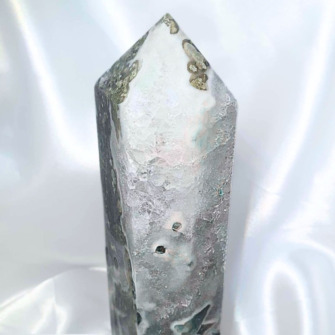 Large Moss Agate with Druzy Quartz Tower Point - 19cm, 749g