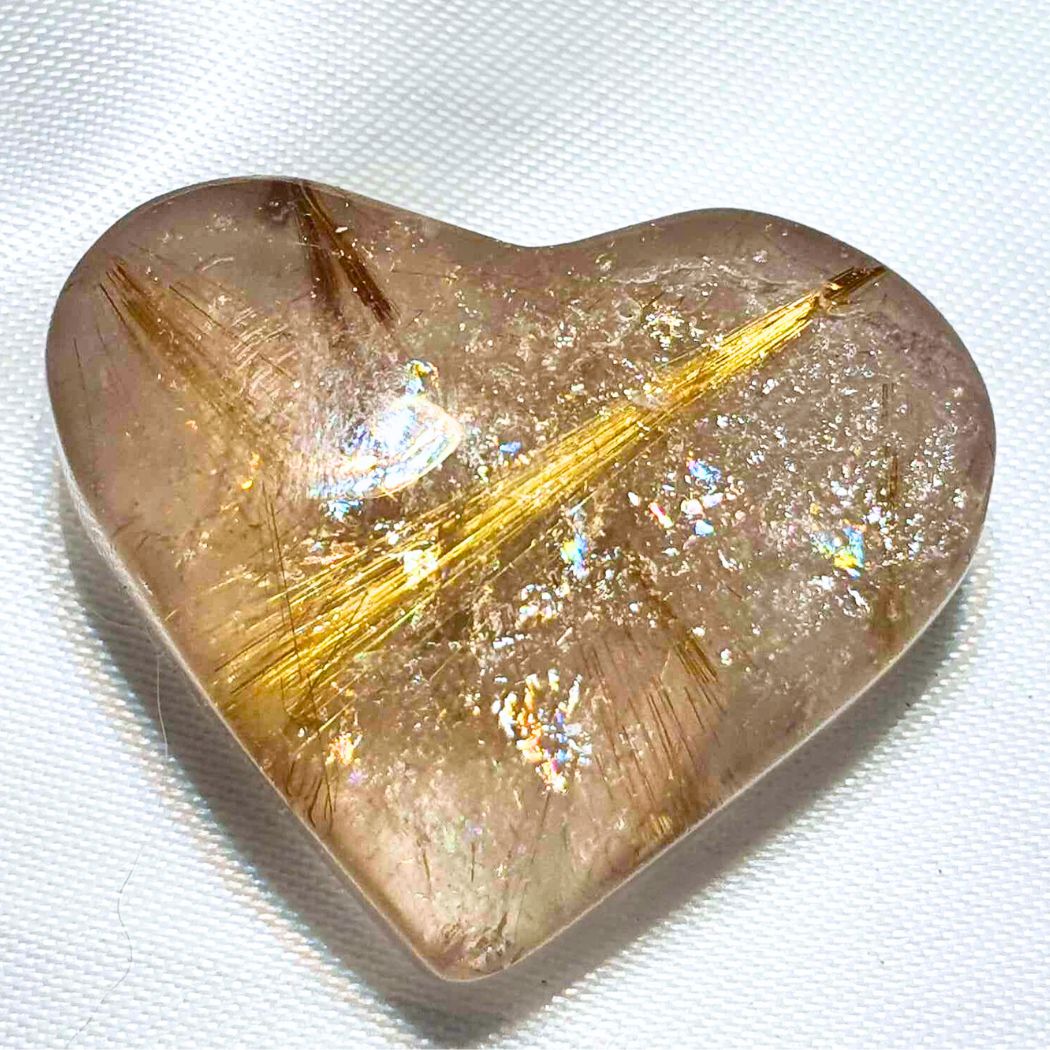 Smoky Golden Rutile Heart Carving with Rainbows