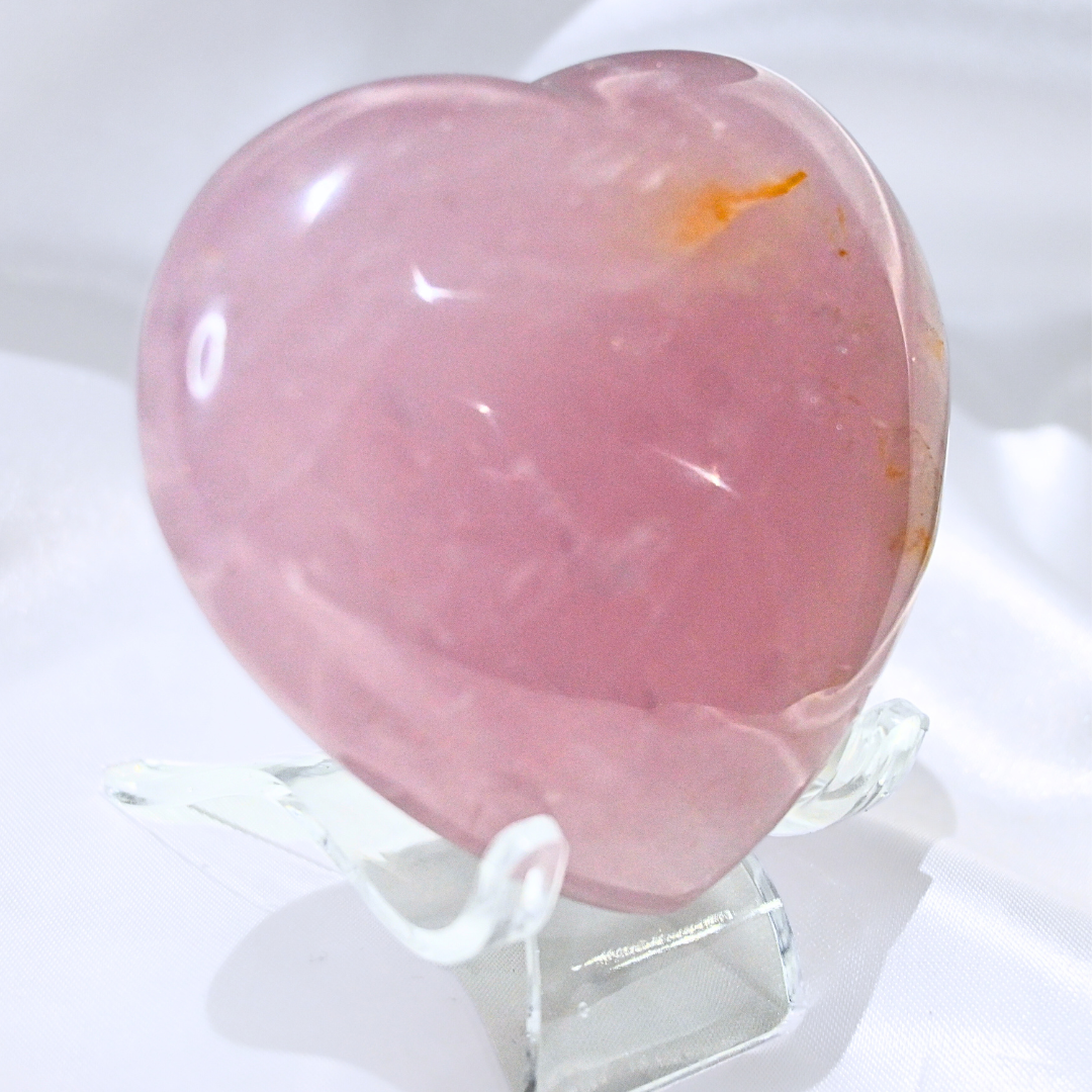 Large Puffy Rose Quartz with Golden Healer Heart - includes stand